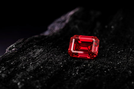 A red ruby gemstone sits on a black surface. The stone is cut into an emerald shape and is surrounded by a dark background. The stone's color and shape create a sense of elegance and luxuryの写真素材
