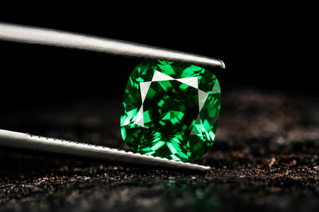 A green gemstone is displayed in a jeweler's setting. The stone is cut into a square shape and is surrounded by a metal setting. The setting is designed to showcase the stone's natural beautyの写真素材