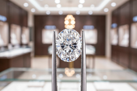 A diamond is being held up by a jeweler's loupe. The diamond is on display in a storeの写真素材