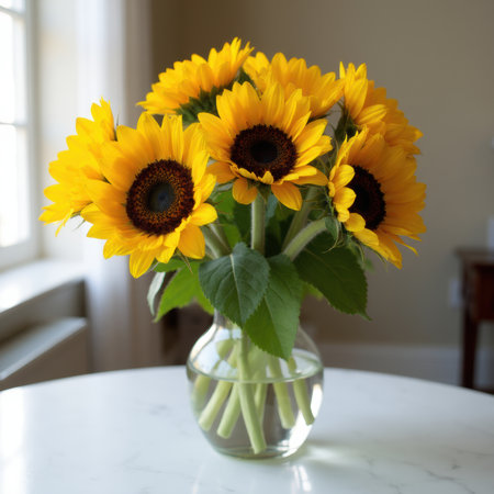 A vase of sunflowers sits on a table. The flowers are in full bloom and are arranged in a way that makes them look like they are reaching towards the camera. The vase is clearの写真素材
