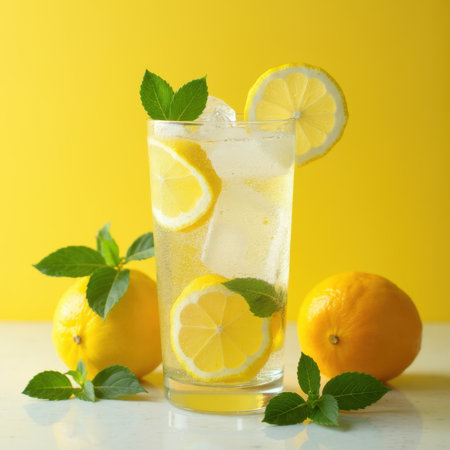 A glass of lemonade with ice cubes and lemon slices. The glass is on a table with a yellow backgroundの写真素材