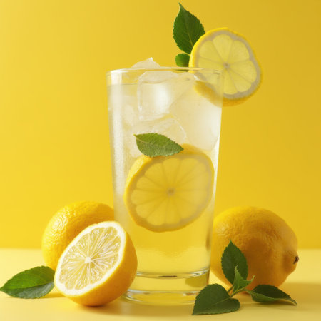 A glass of lemonade with ice cubes and lemon slices on top. The lemonade is refreshing and perfect for a hot dayの写真素材