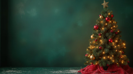 A Christmas tree with red and gold ornaments sits in front of a green wall. The tree is lit up, creating a warm and festive atmosphereの写真素材