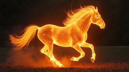 A horse is running through a field of fire. The horse is lit up and he is in motion. The scene is dramatic and intense, with the fire adding a sense of danger and excitementの写真素材