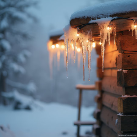 A wooden cabin with icicles hanging from the roof. The icicles are lit up with lights, creating a warm and cozy atmosphereの写真素材