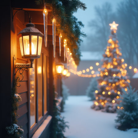 A cozy house with a Christmas tree and lights hanging from the roof. The lights are on, creating a warm and festive atmosphere. The tree is lit up, adding to the holiday spiritの写真素材