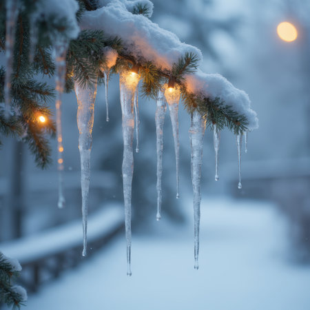 A tree branch covered in icicles with lights hanging from it. The icicles are illuminated by the lights, creating a beautiful and serene winter sceneの写真素材