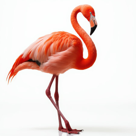 A flamingo stands on a white background. The flamingo is pink and has a long neckの写真素材
