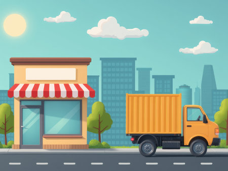 A yellow truck is parked in front of a store. The truck is a delivery truck and the store is a small shop. The sky is blue and there are some cloudsの写真素材
