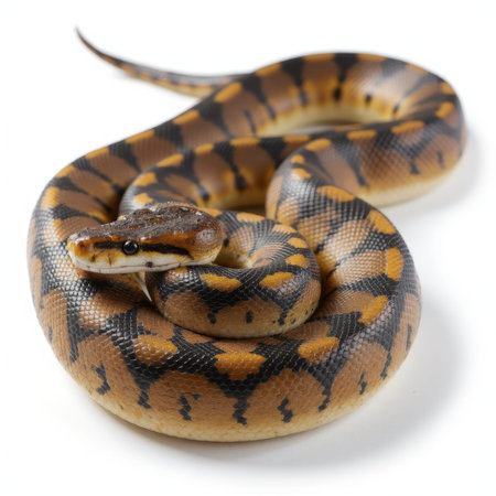 A snake is curled up on a white background. The snake is brown and black with a yellow stripe