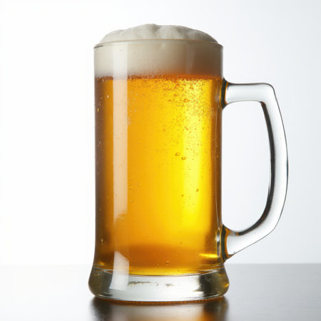 A glass of beer with foam on top. The foam is white and the beer is yellow. The glass is tall and has a handleの写真素材
