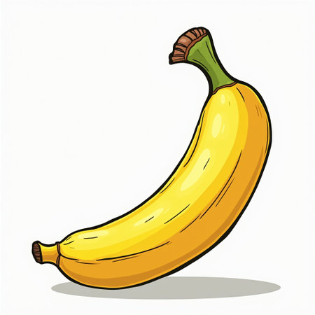 Illustration of yellow banana with a green stem. The banana is drawn in a cartoon style. Scene is lighthearted and playfulの写真素材