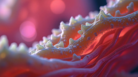 A close up of a red and orange object with many small spikes. The image has a surreal and dreamlike quality to it, with the spikes appearing to be almost alive. Scene is one of curiosity and wonderの写真素材