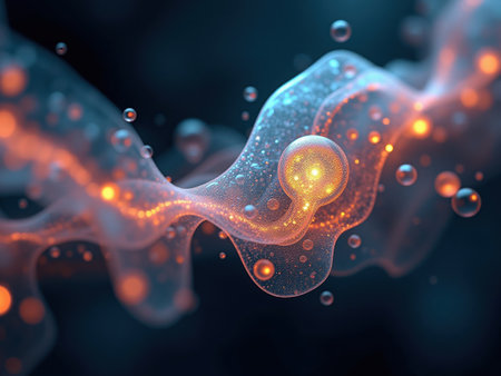 A blurry image of a glowing, glowing, orange and blue blob. The blob is surrounded by a dark blue backgroundの写真素材