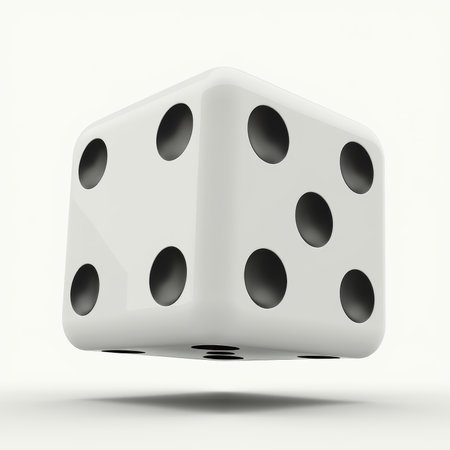 A white cube with black dots on it. It is a dieの写真素材