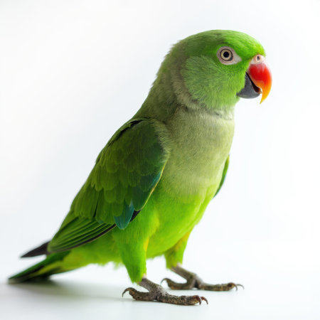 A green parrot is standing on a white background. The bird is looking at the camera with a curious expressionの写真素材
