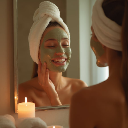 A woman is applying a green face mask in front of a mirror. She is smiling and seems to be enjoying the processの写真素材