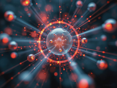 A cluster of glowing spheres in a dark background. The spheres are of different sizes and colors,...