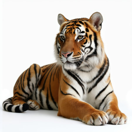 A tiger is laying down on a white background. The tiger is looking at the camera with a curious expressionの写真素材