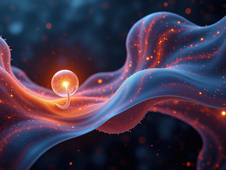 A glowing sphere is floating in a blue and red swirl. The sphere is surrounded by a glowing, fiery mist. Concept of wonder and mystery, as the glowing sphere seems to be floating in a dreamlikeの写真素材