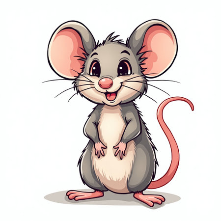 A cartoon mouse with a pink nose and a pink ear is smiling. The mouse is standing on its hind legs and has a pink tailの写真素材
