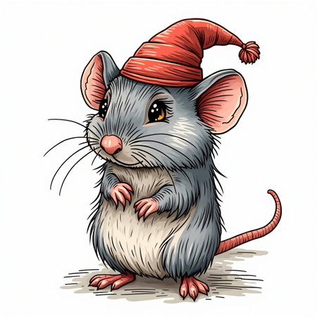 A cartoon mouse wearing a red hat and a red cap. The mouse is smiling and looking at the cameraの写真素材