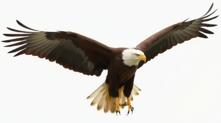 A large eagle is flying in the sky. The bird has a white head and a brown body. The eagle is soaring high above the ground, with its wings spread wide. Concept of freedom and powerの写真素材