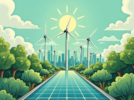 A drawing of a city with a large windmill in the middle. The windmill is surrounded by trees and a pathの写真素材