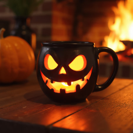 A black mug with a scary face on it sits on a wooden table next to a pumpkin and a fireplaceの写真素材