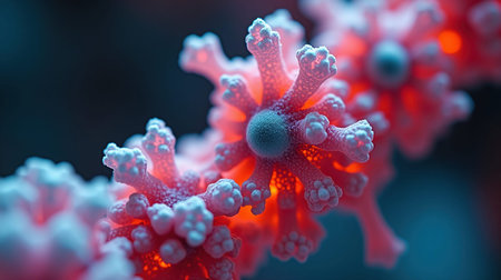 A close up of a pink and white blob with a red center. The blob is made up of many small white and...