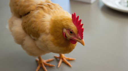 A chicken is standing on a table. The chicken is looking at the camera. The chicken is brown and whiteの写真素材