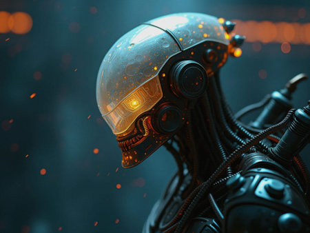 A robot with a helmet on its head. The helmet is yellow and has a glowing light. The robot is...