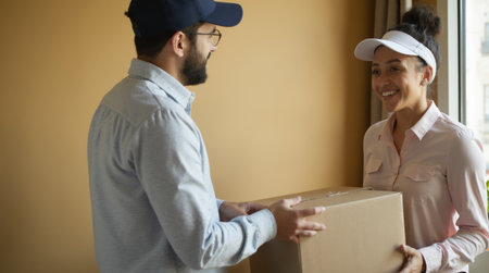 A man is handing a box to a woman. The man is wearing a blue shirt and a hat. The woman is smilingの写真素材