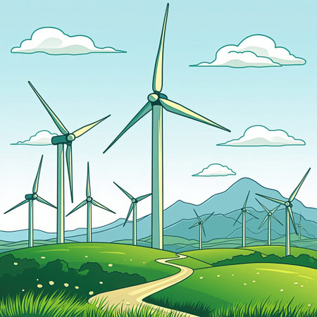 A drawing of a wind farm with several wind turbines in the background. The wind farm is located in a...