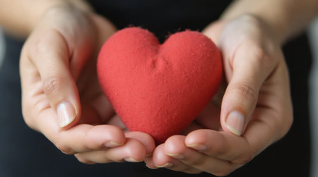 A woman is holding a red heart in her hands. The heart is made of a soft material and he is a gift....