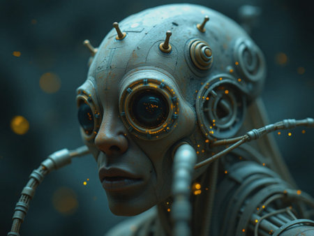 A woman with a robotic face and a metallic body. The face is made of metal and has a robotic look to...