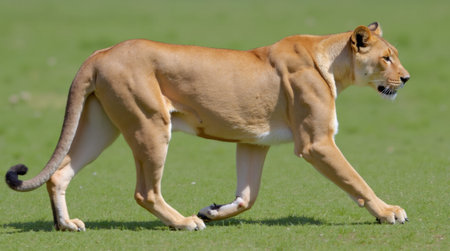 A large brown and white lion is walking across a green field. The lion is the main focus of the image, and it is in a relaxed and peaceful mood as it strolls through the grassの写真素材