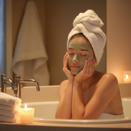 A woman is sitting in a bathtub with candles and a towel draped over her head. She is wearing a face mask and she is relaxedの写真素材