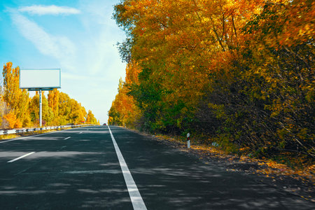 A road with a billboard in the background and trees on the side. The road is empty and the trees are full of leavesの写真素材
