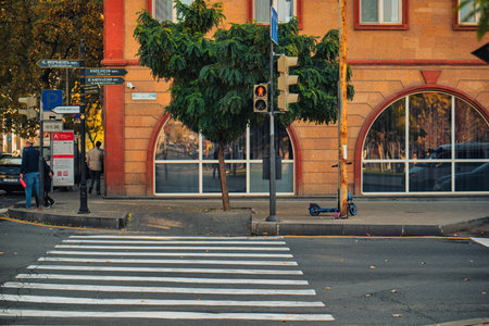 Yerevan Armenia 11.20.2025. A street corner with a red traffic light and a tree in the middle. A group of people are walking on the sidewalkのeditorial素材