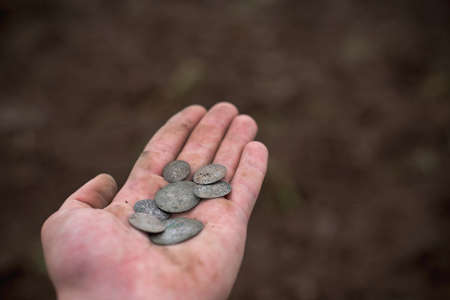 Search for artifacts with a metal detector and a shovel on the field.の写真素材