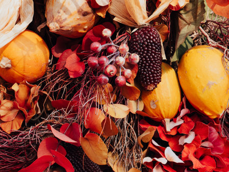 Thanksgiving decorations. Autumn or Fall composition. Fall leaves, berries, corn and pumpkins. Mood,...