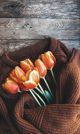 Bouquet of red and orange tulips on brown knit sweater as background. Vintage greeting card for mothers, woman day, Love at distance, care, loneliness in self-isolation in the time of coronavirus.の写真素材