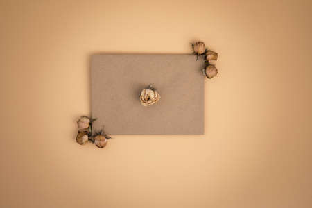 A craft brown envelope with dried flowers on pastel background with copy space. Greeting romantic card. Lonely Valentines Day. Love at distance. Dry rosses. Memory and loss concept.の写真素材