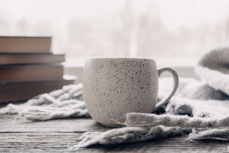 Minimalist style. Coffee, cozy grey sweater and books on vintage windowsill against snow landscape from outside. Soft focus. Relaxing winter day at home with traditional winter hot drink.の写真素材