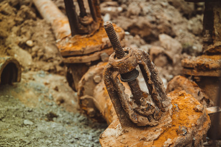 Water pipe replacement. Fragment of old rusty water pipes. Destroyed and corrosion flange and bolt nut on pipeline valve drain industrial. Damage tube. Supplying hot water, heating. Industrial conceptの写真素材
