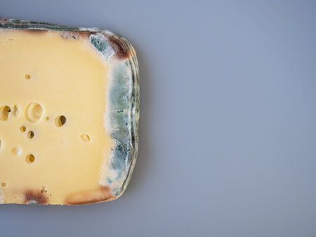 Expired moldy hard cheese purchased at the supermarket. Wastage of Lycopersicon. Incorrect long-term storage. Food waste in supermarkets. Rotten meal on the grey background. Copy space.の写真素材