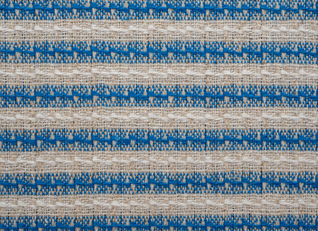 fabric texture background with horizontal stripes of blue, grey and white . flax natural fabric. Ornament on linen towel. Abstact patternの写真素材