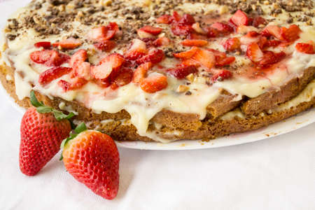 strawberry cake and chocolate on white background の写真素材