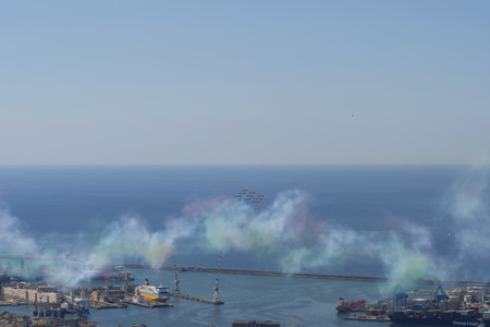 Genoa, Italy. 05/26/2020 Frecce Tricolori fly over the city of Genoaのeditorial素材